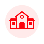 Minimalist flat design school building icon A simple lineart icon of a school building in solid red ED1C24 featuring a peaked roof a centered doorway